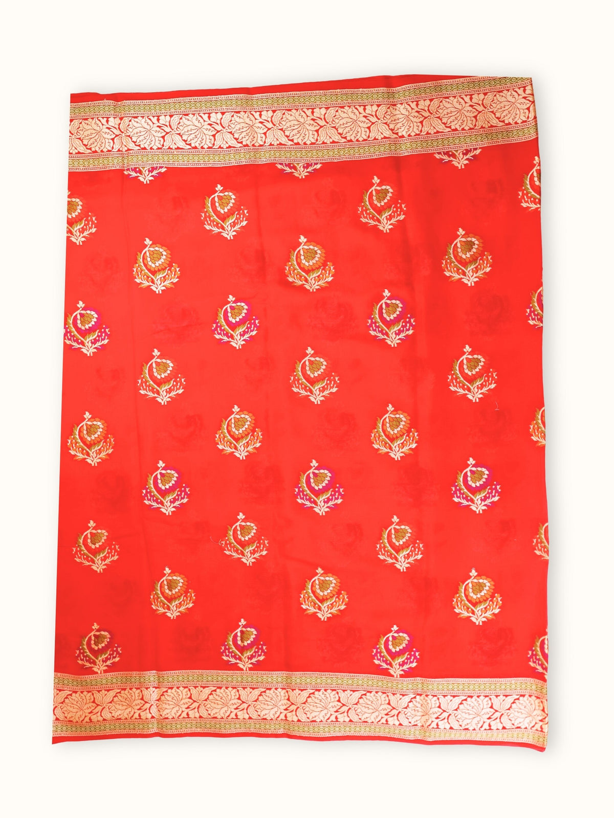 Scarlet Chiffon Saree with Gold Zari Pallu, full spread