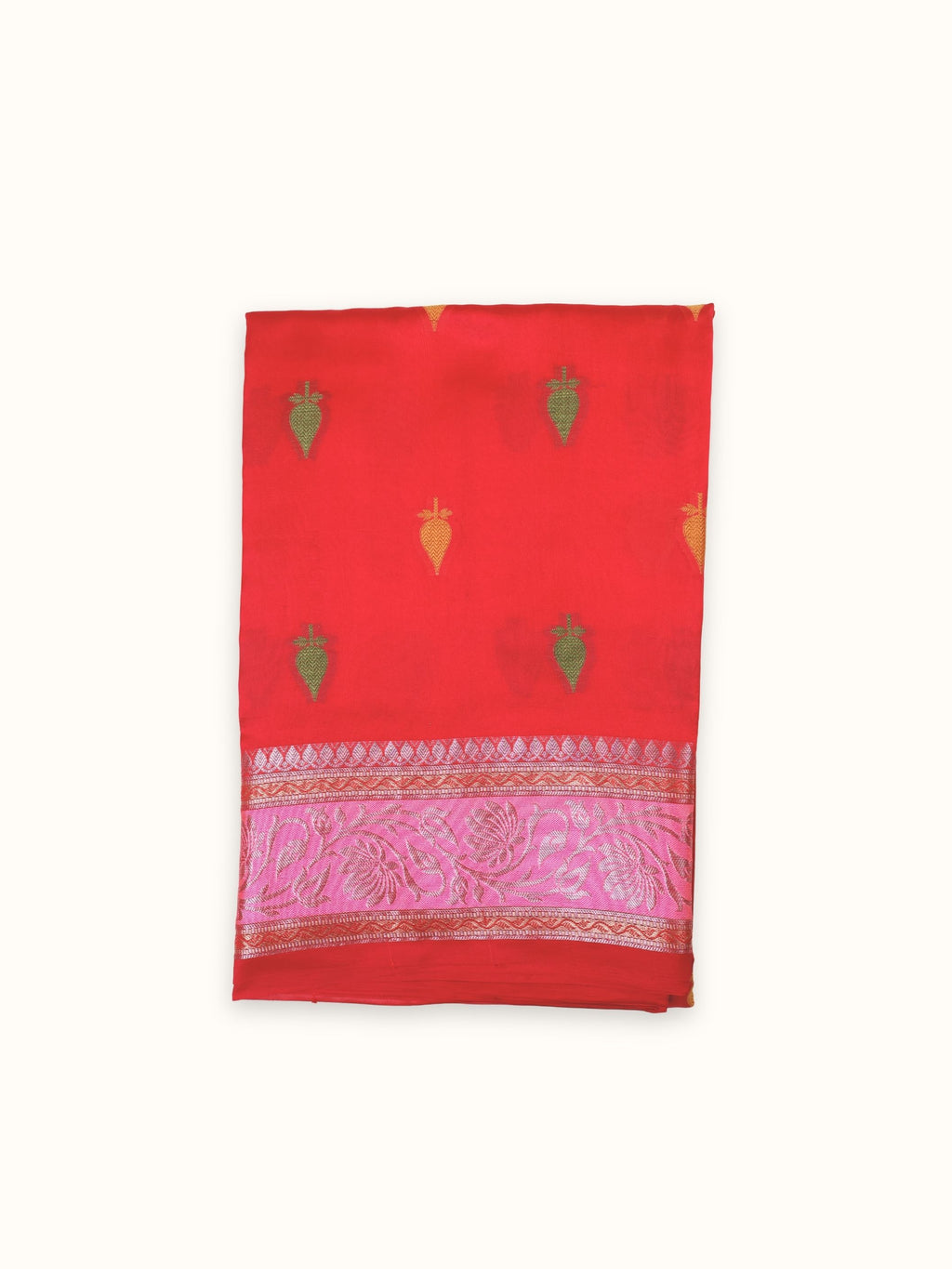 Scarlet Dupian silk saree folded, with green and gold butis and a pink border