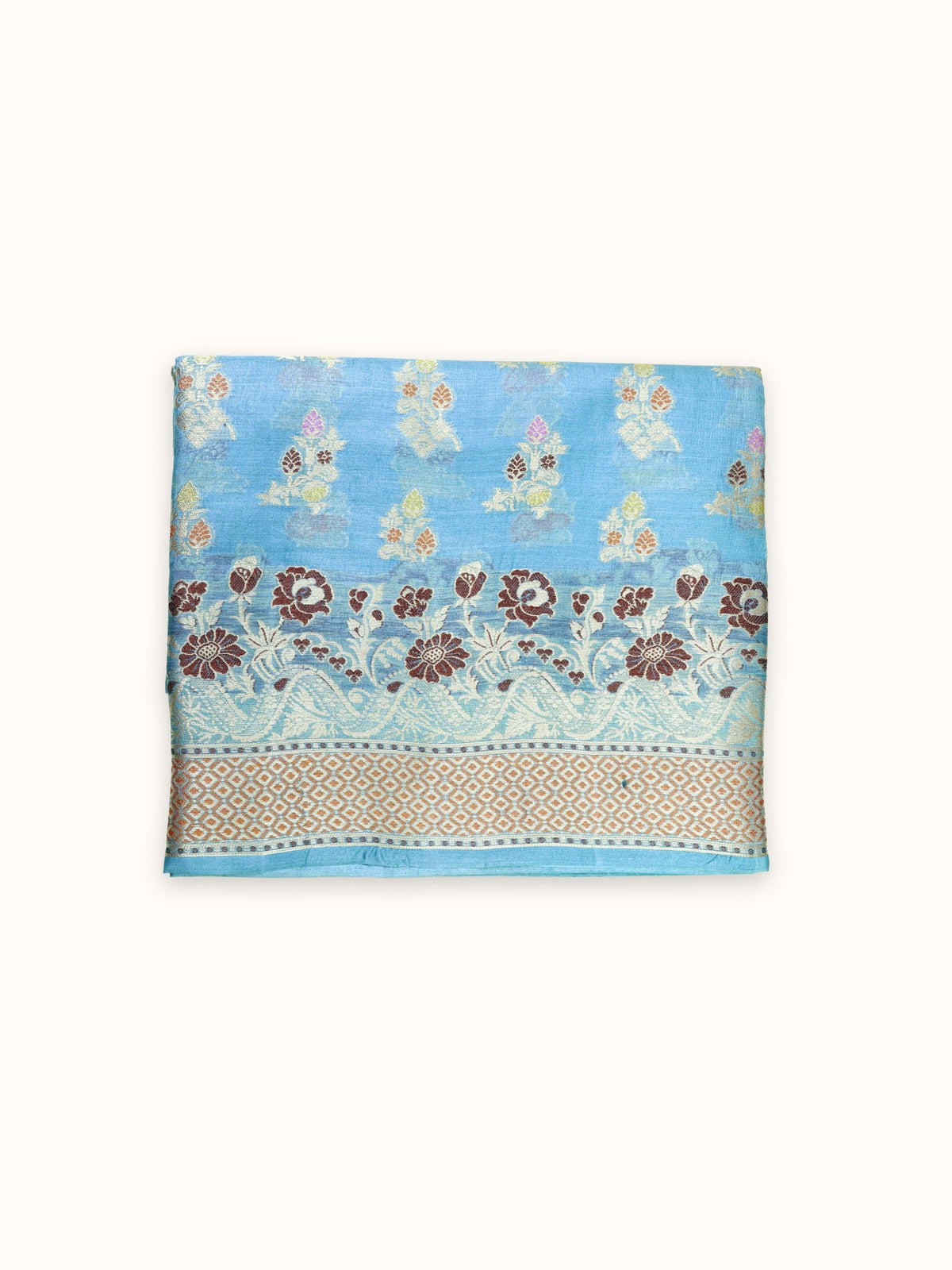 Sky blue Tassar silk saree folded, with a border of maroon roses
