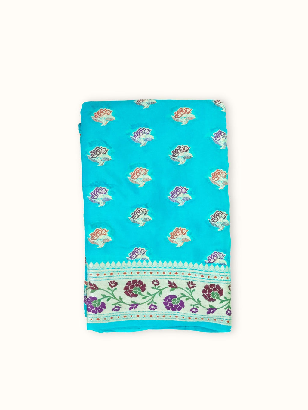 Turquoise Chiffon Saree with Meenakari Floral Border, folded