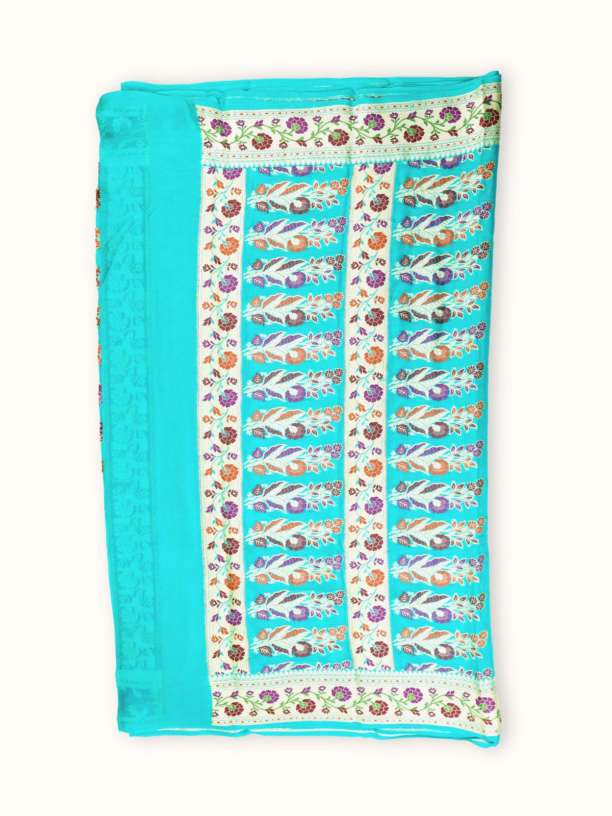 Turquoise Chiffon Saree with Meenakari Floral Border, pallu
