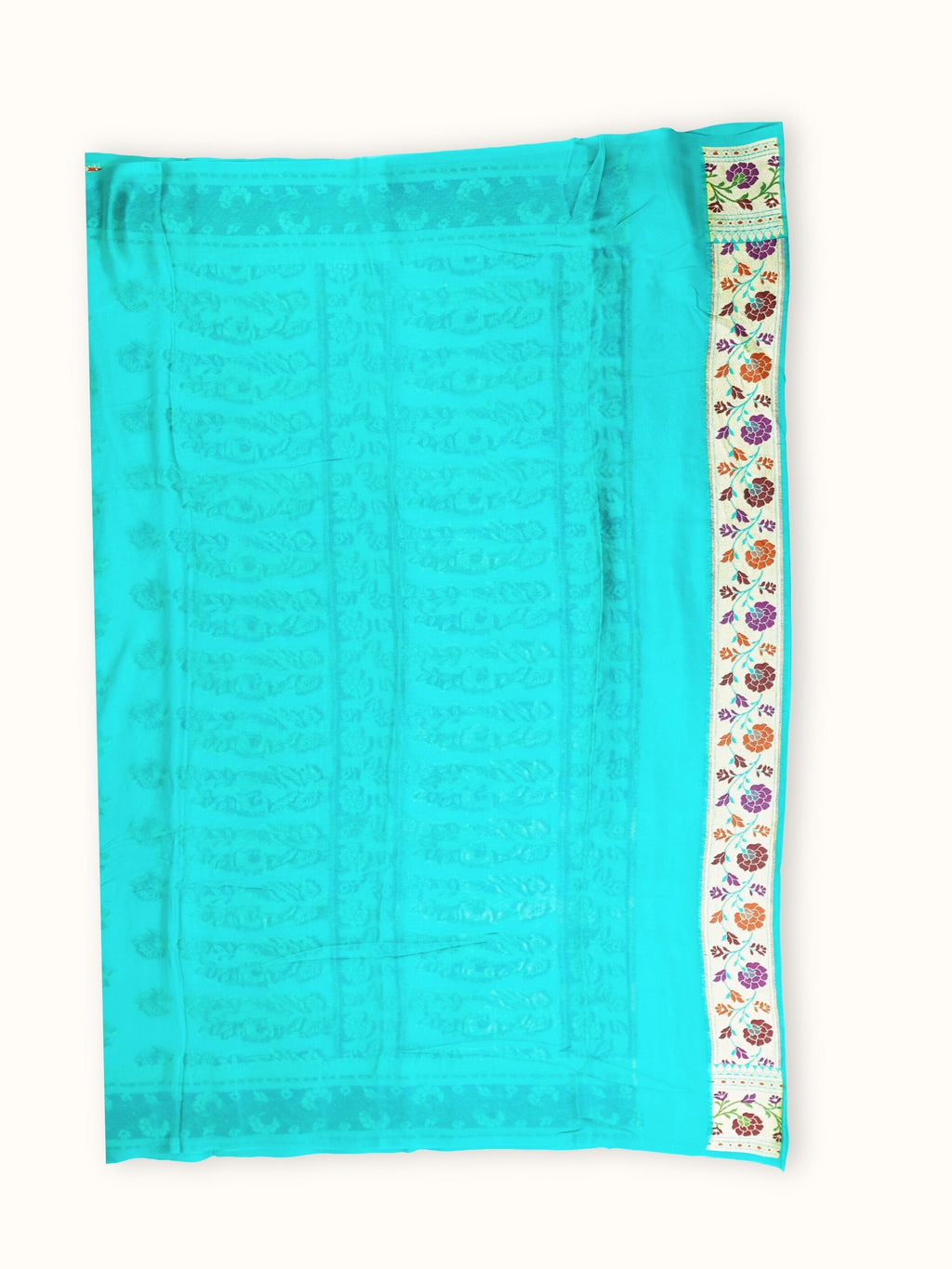 Turquoise Chiffon Saree with Meenakari Floral Border, blouse piece and border