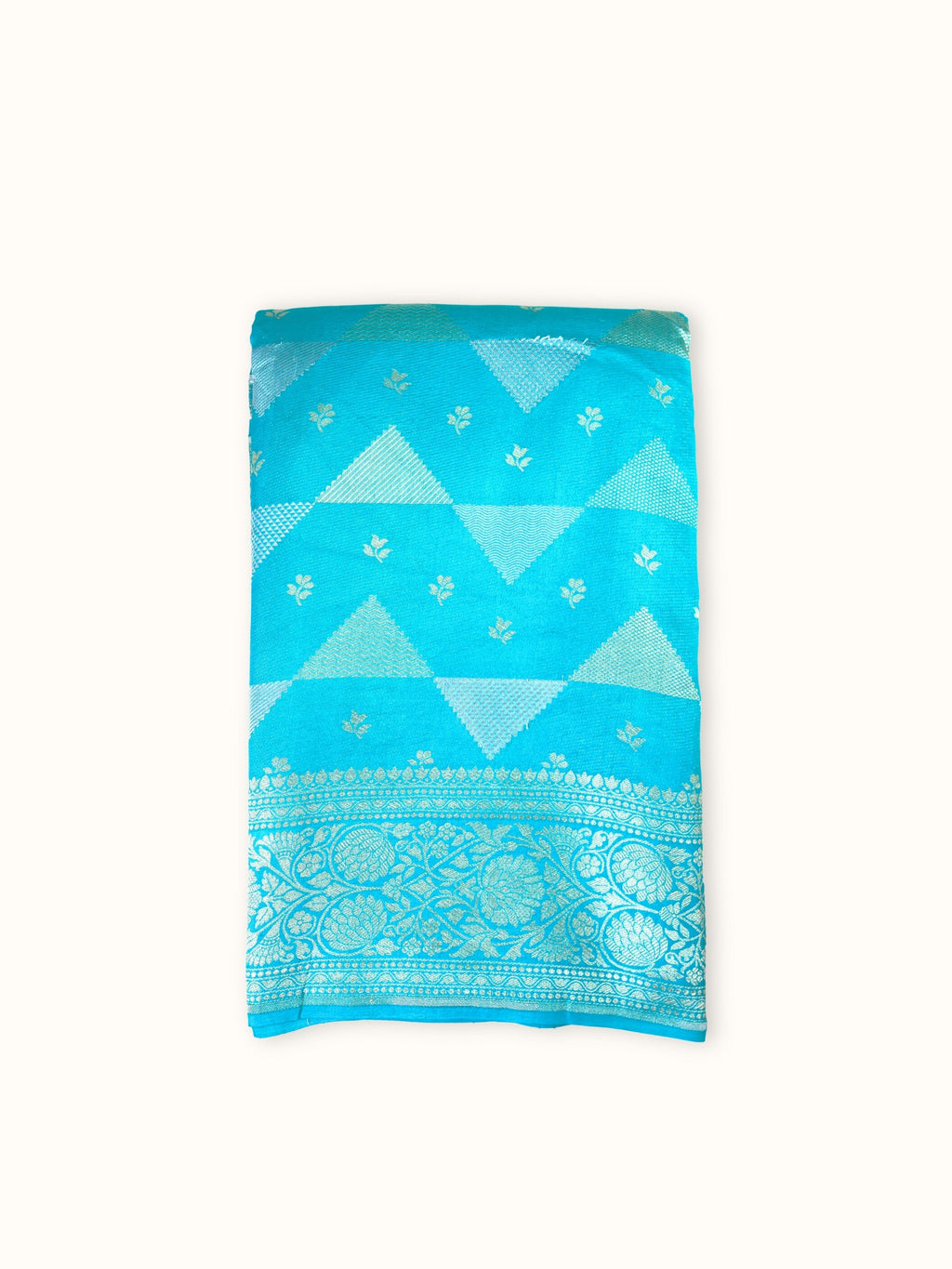 Turquoise Khaddi Chiniya Handloom Saree with Silver Jangla, folded