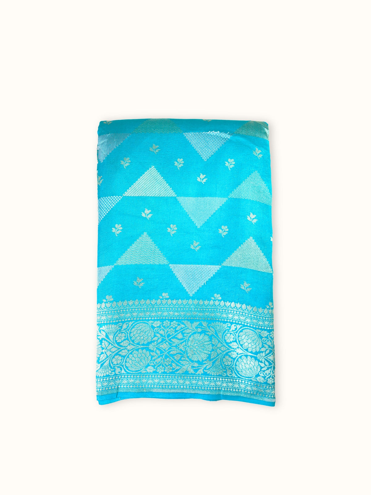 Turquoise Khaddi Chiniya Handloom Saree with Silver Jangla, folded