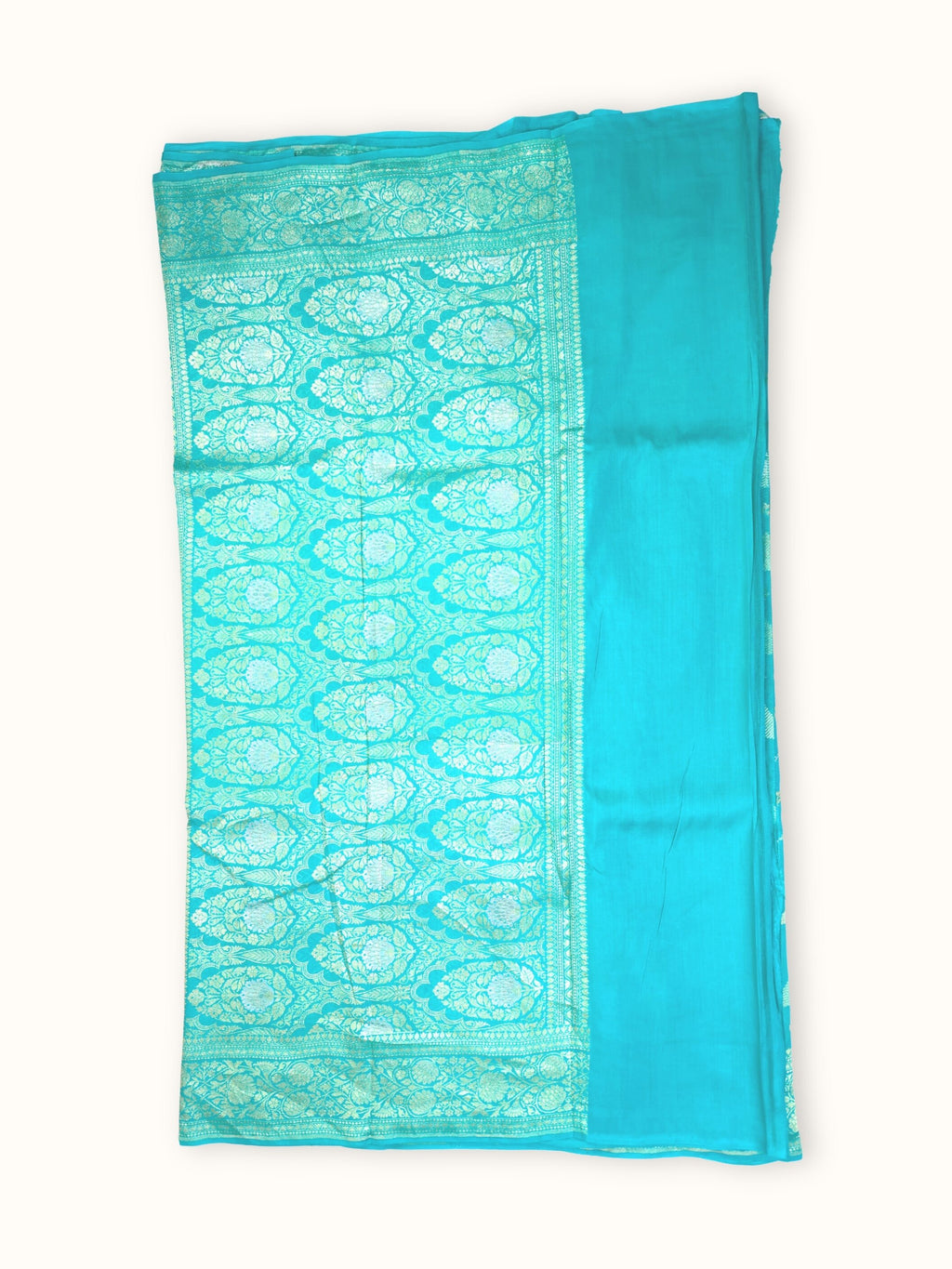 Turquoise Khaddi Chiniya Handloom Saree with Silver Jangla, pallu