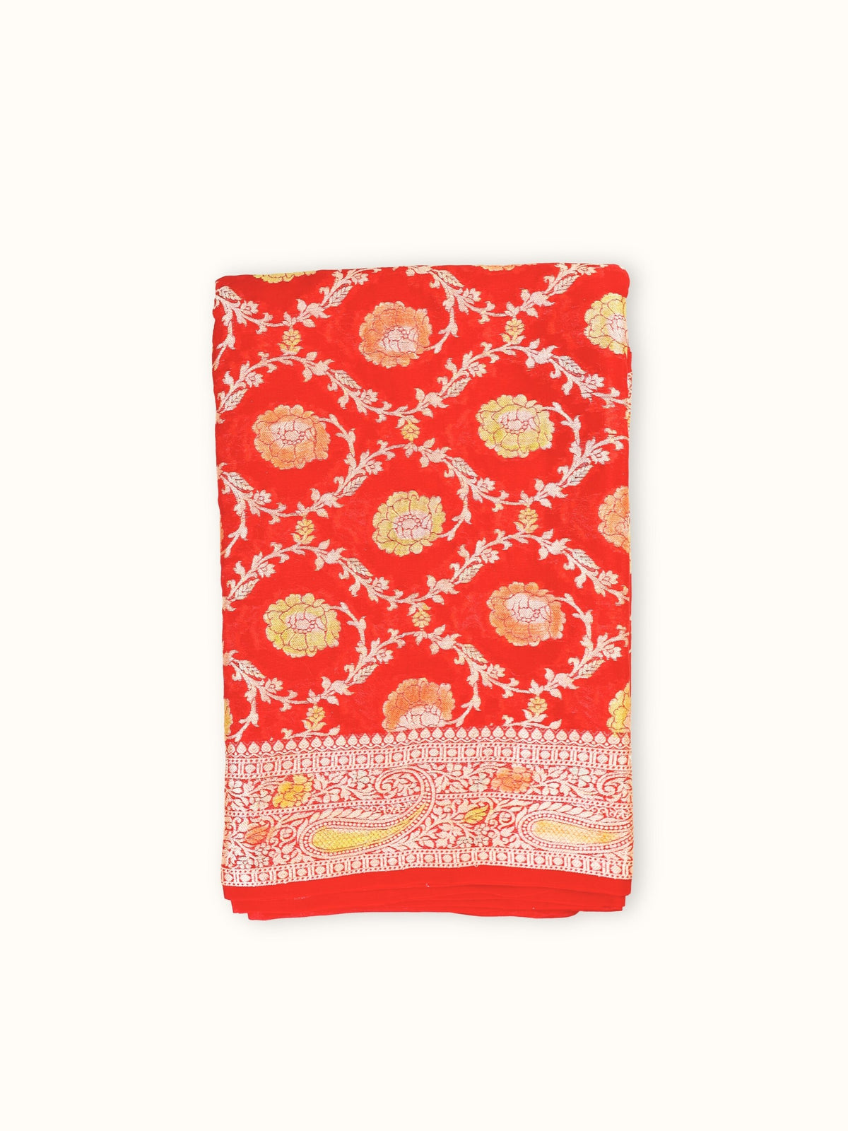Vermillion Rangkaat Chiffon Saree with Hand Painted Zari, folded