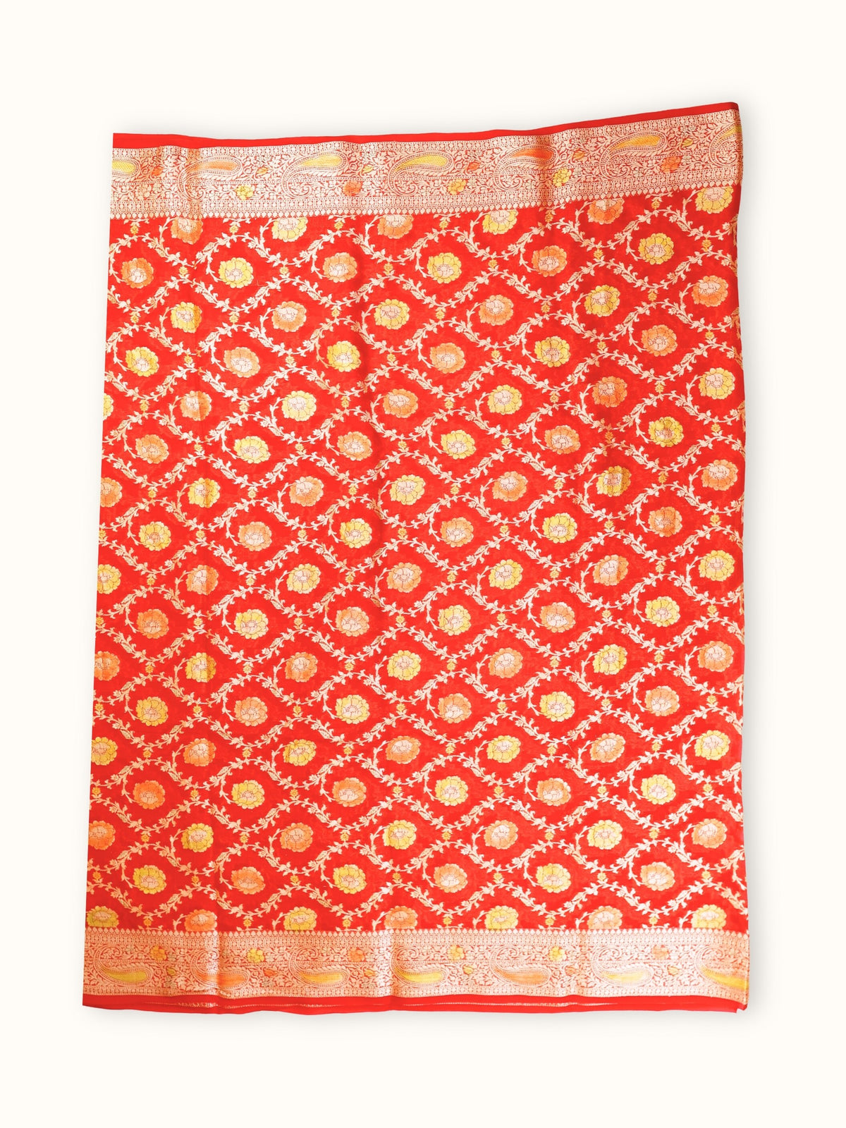 Vermillion Rangkaat Chiffon Saree with Hand Painted Zari, full spread