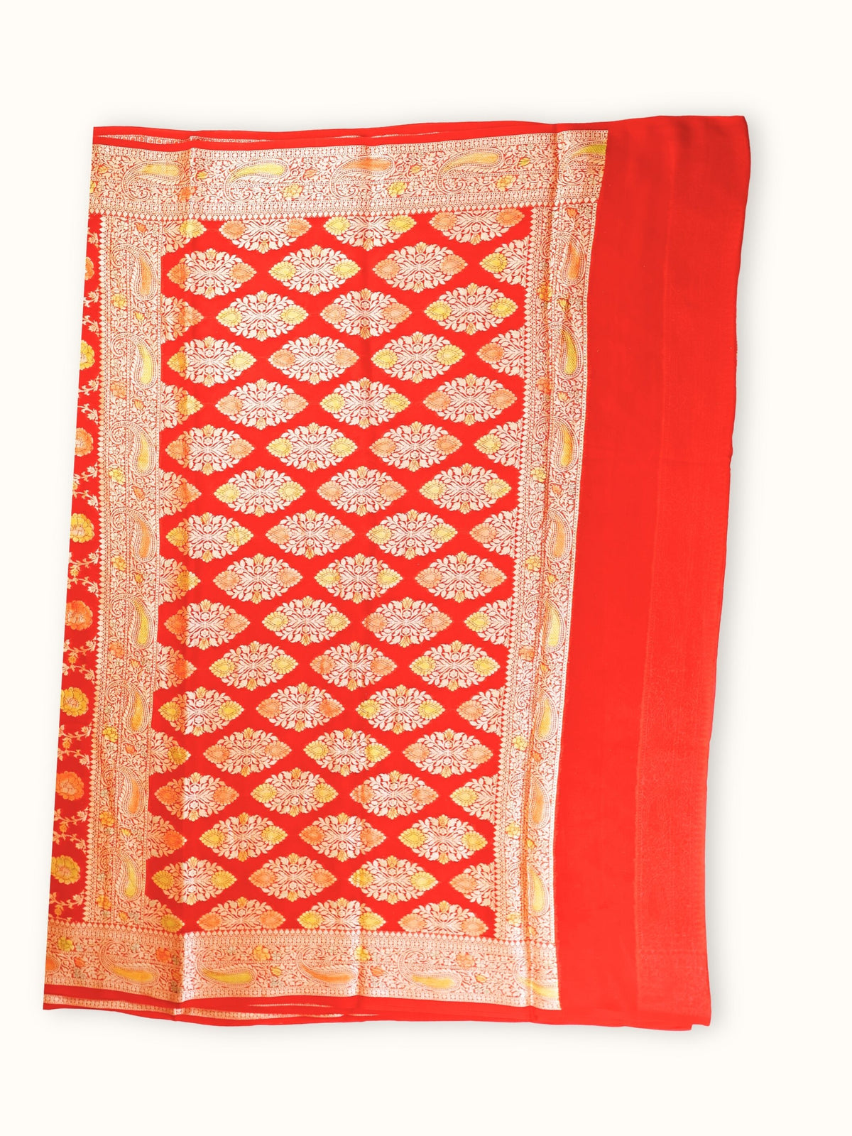 Vermillion Rangkaat Chiffon Saree with Hand Painted Zari, pallu