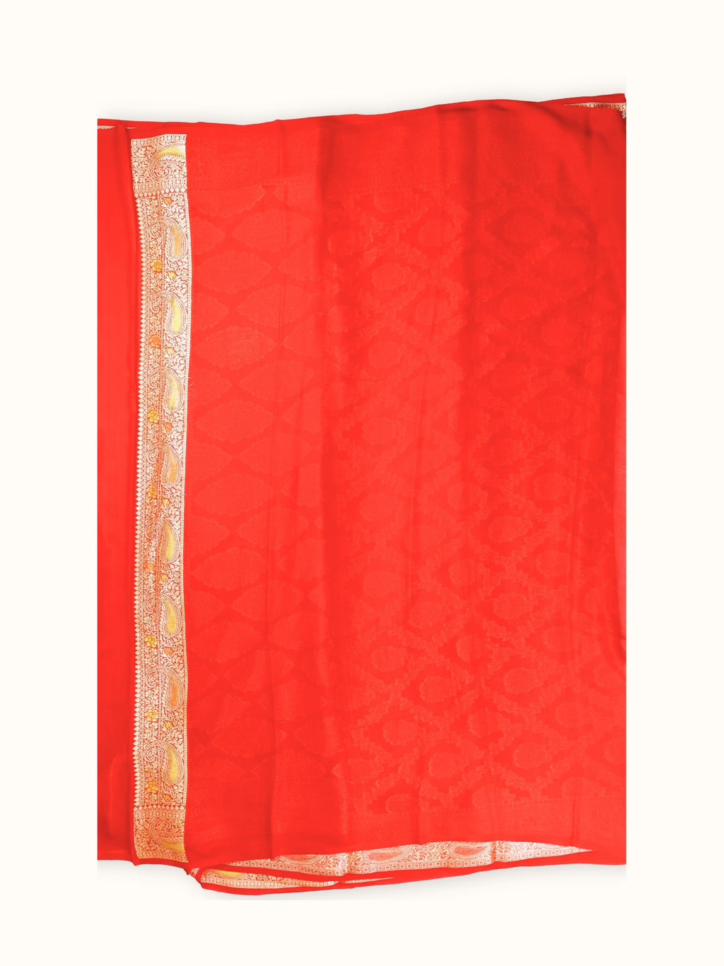 Vermillion Rangkaat Chiffon Saree with Hand Painted Zari, blouse piece and border